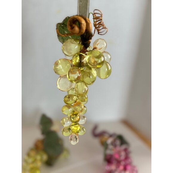 Glass Grapevine Christmas Ornaments Set Of 3 In Green & Pink With Ribbon & Leaf - Picture 2 of 3